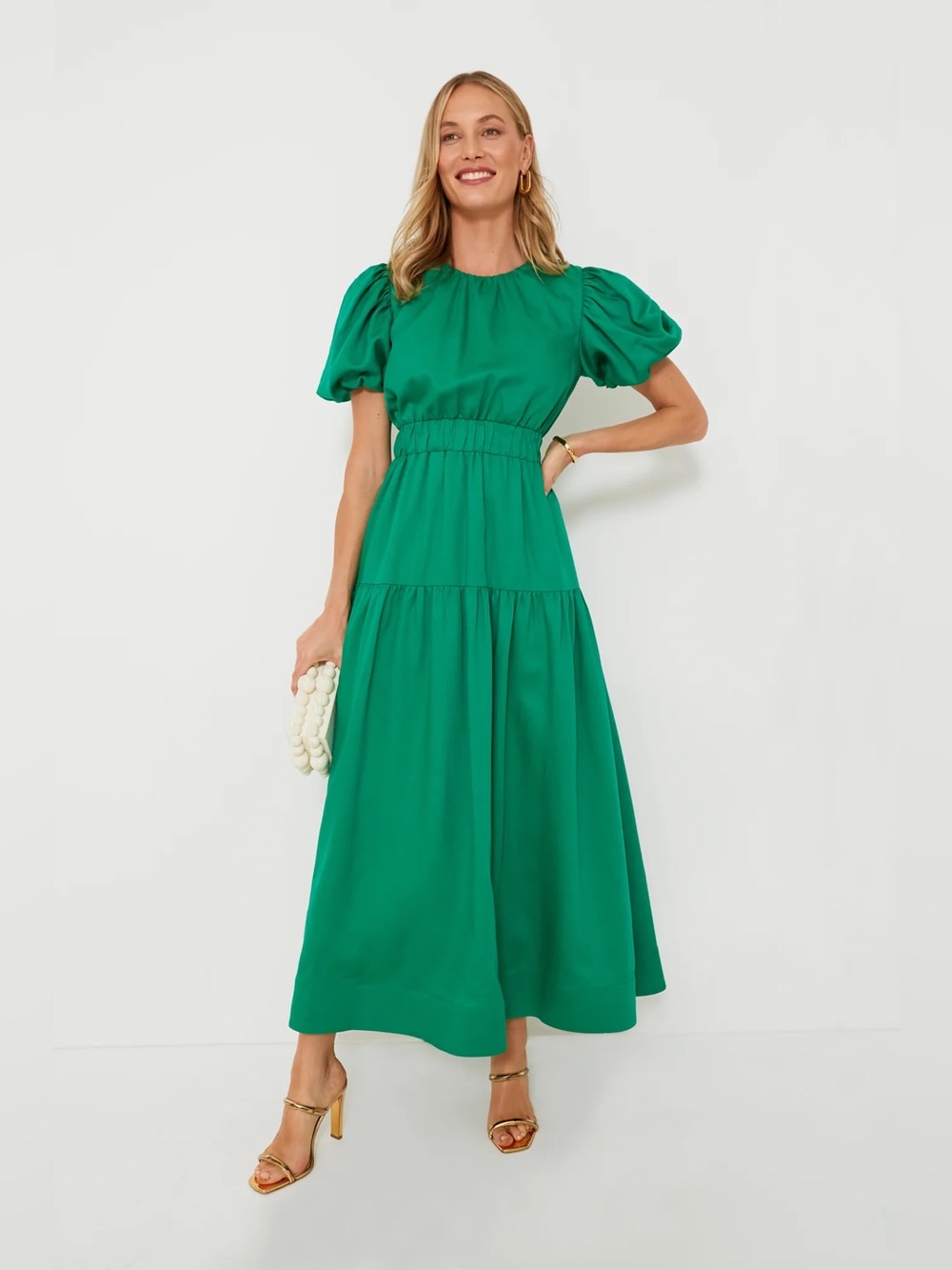 Hyacinth House Kelly Green Linen Blend Puff Sleeve Ginny Maxi Dress Size Medium